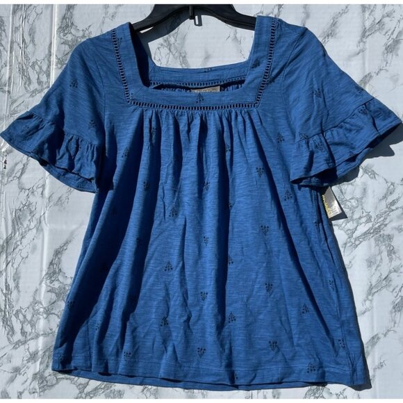Style & Co Blue Tulip Top With Crochet Trim Short Sleeves Womens XS Cotton Modal - Picture 1 of 9